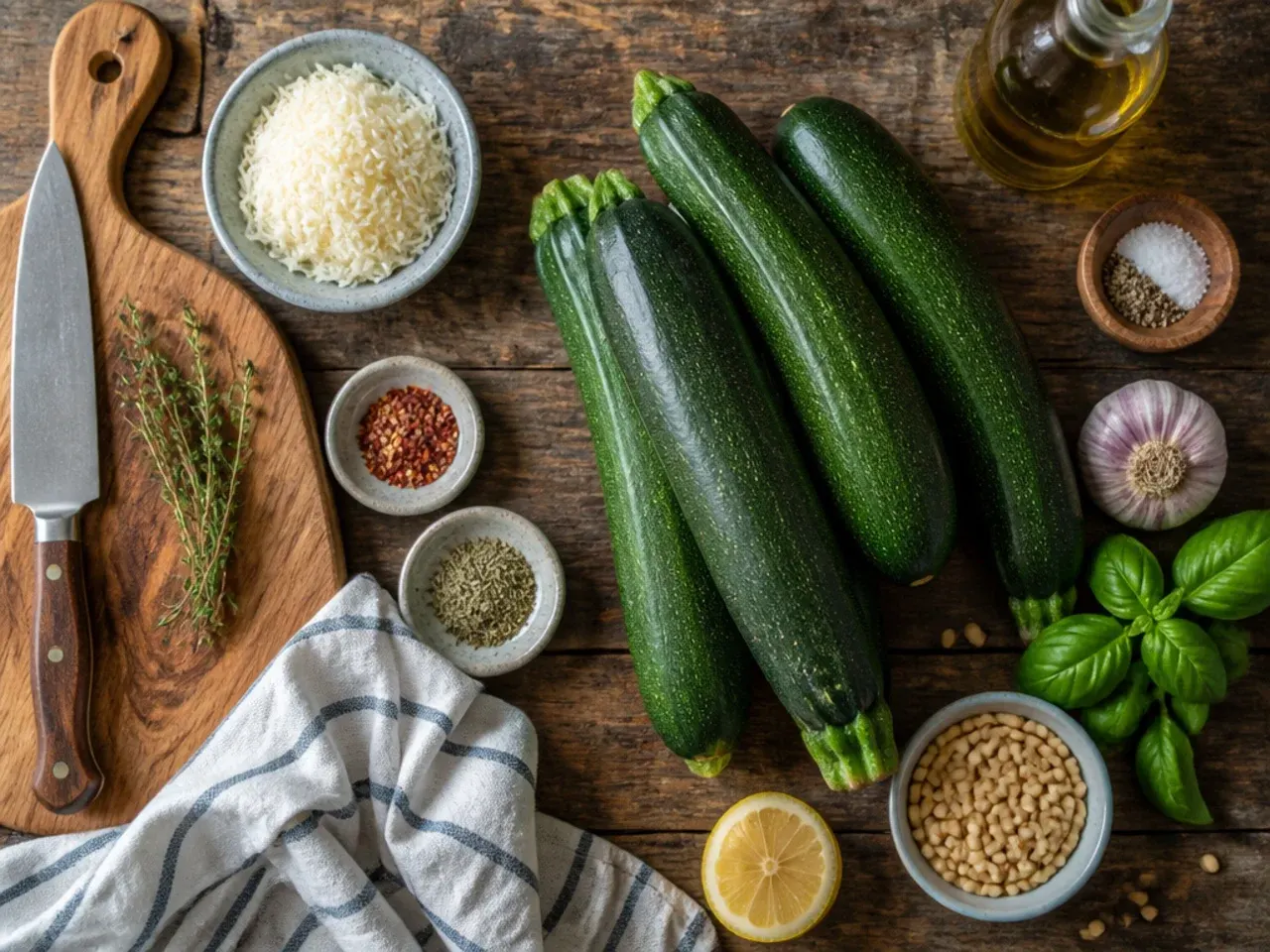 Close-up of salted zucchini slices releasing water on a chopping board