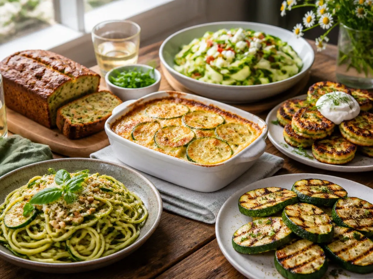 Table spread with grilled zucchini, zucchini bread, and a fresh salad for serving