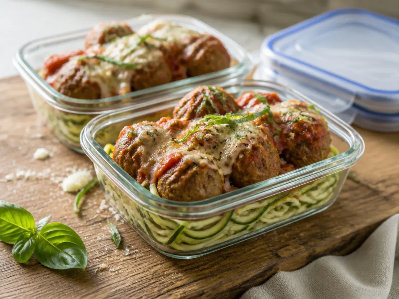 Leftover zucchini casserole stored in a glass airtight container in the fridge