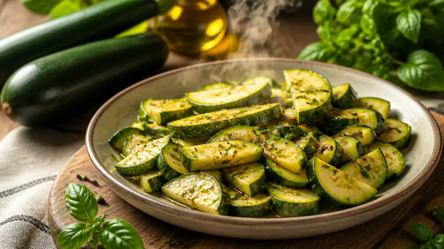 Overhead shot of golden roasted zucchini rounds topped with melted Parmesan and fresh basil on a white platter