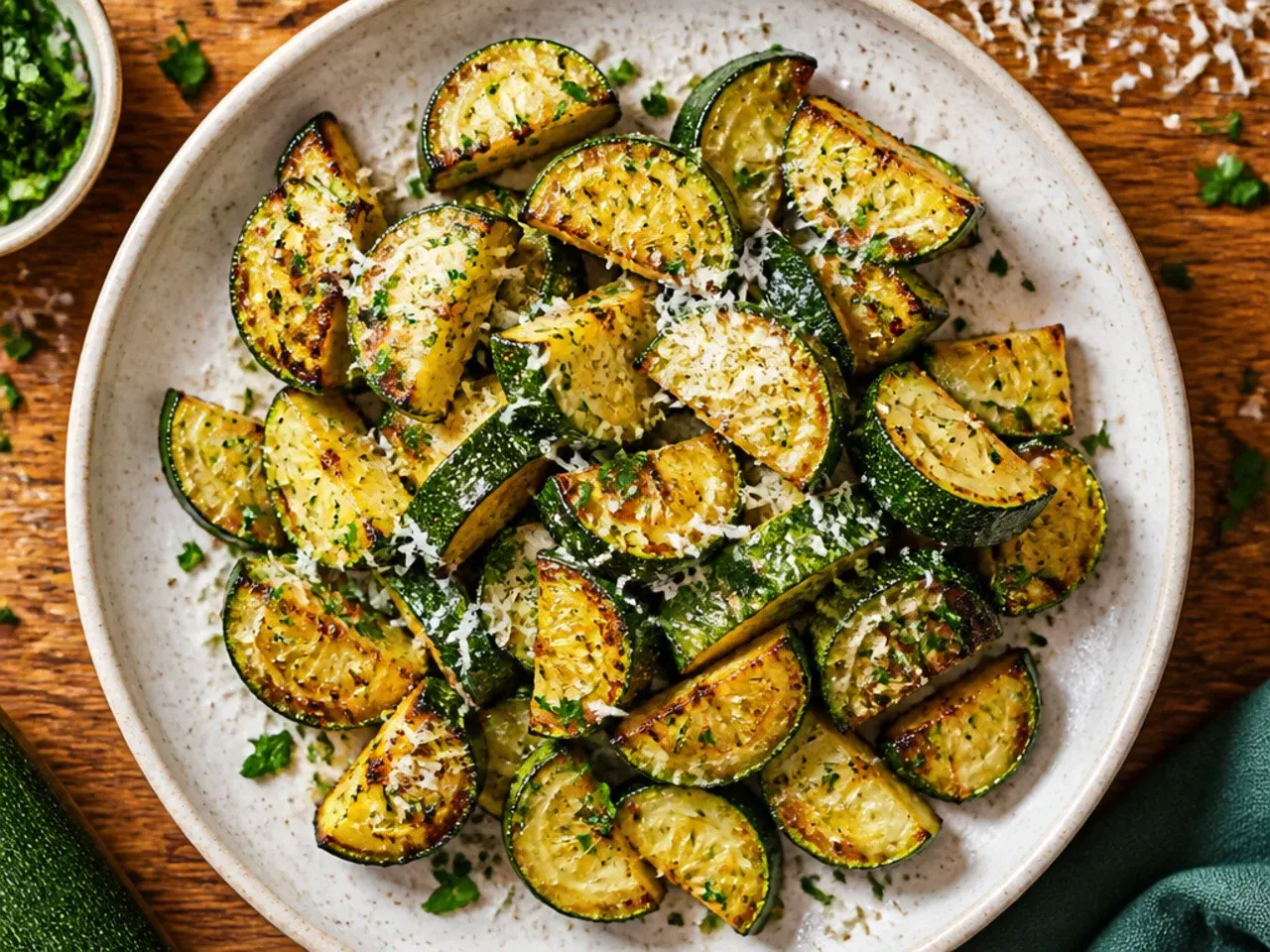 Sheet pan of golden roasted zucchini rounds with melted Parmesan