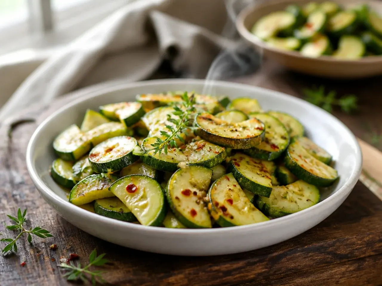 Skillet of sautéed zucchini half-moons with a knob of melting butter