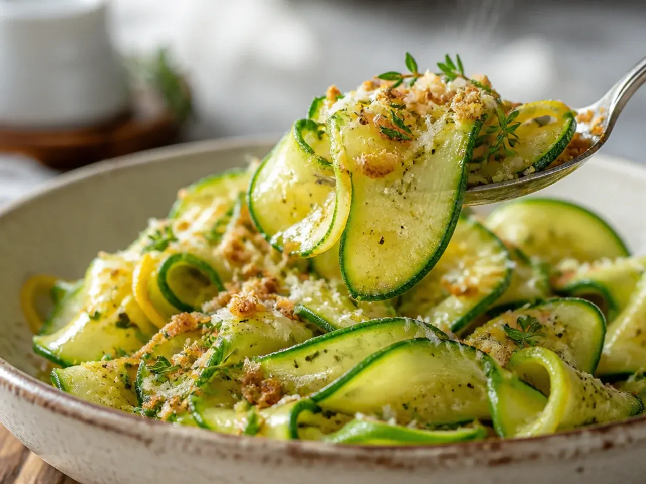 Bowl of raw zucchini ribbons tossed with lemon dressing, basil, and shaved Parmesan