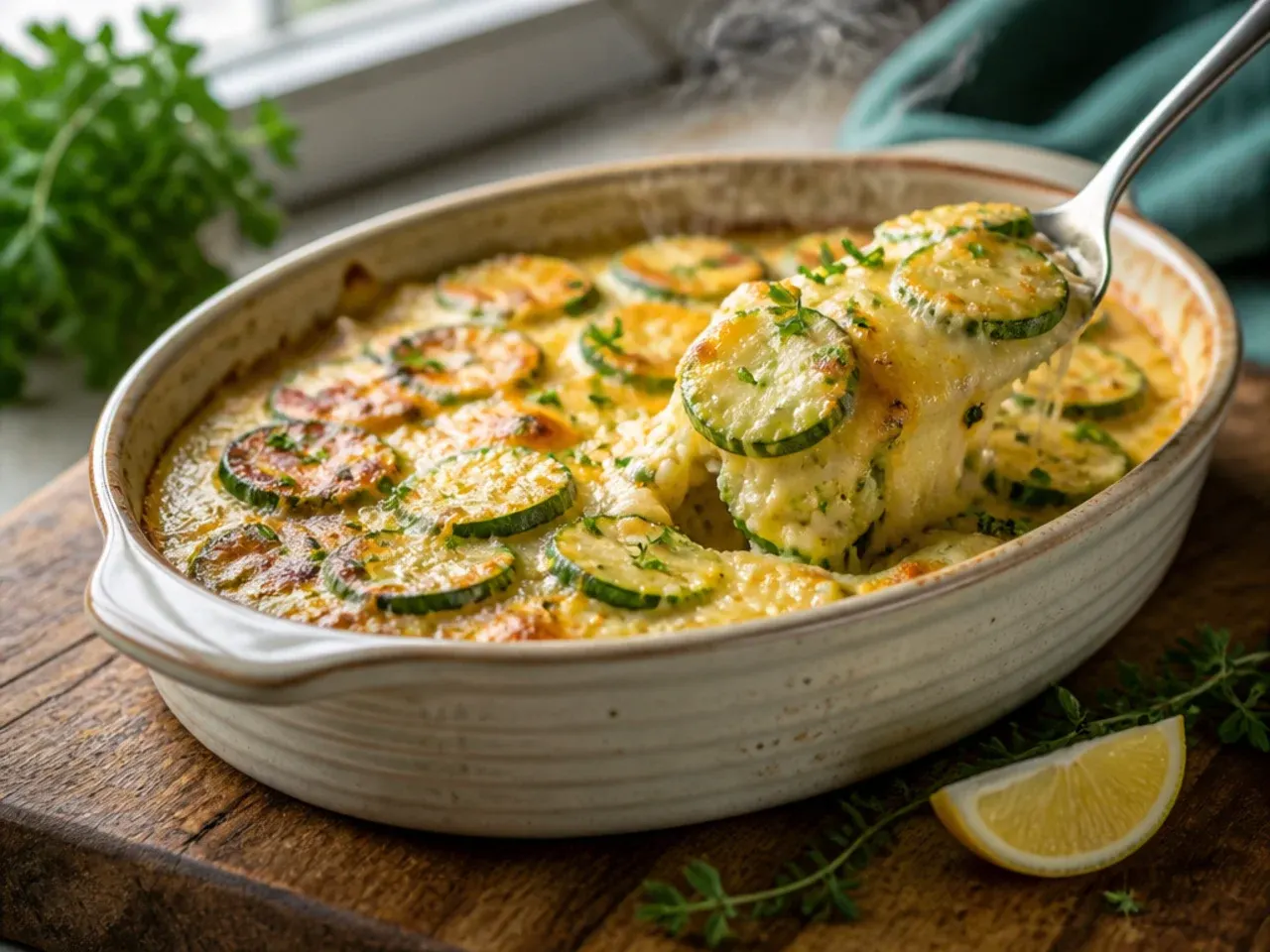 Bubbling baked zucchini gratin in a white dish with a golden breadcrumb topping