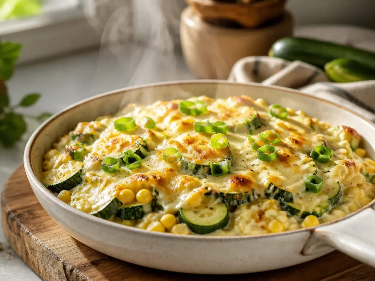 Creamy zucchini and sweetcorn skillet side dish with fresh herbs