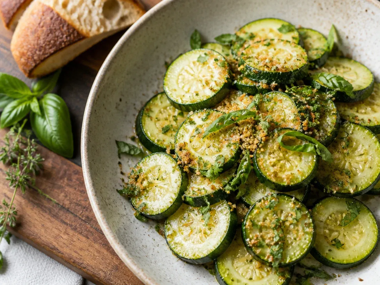 Steamed zucchini spears tossed with melted butter and chopped parsley
