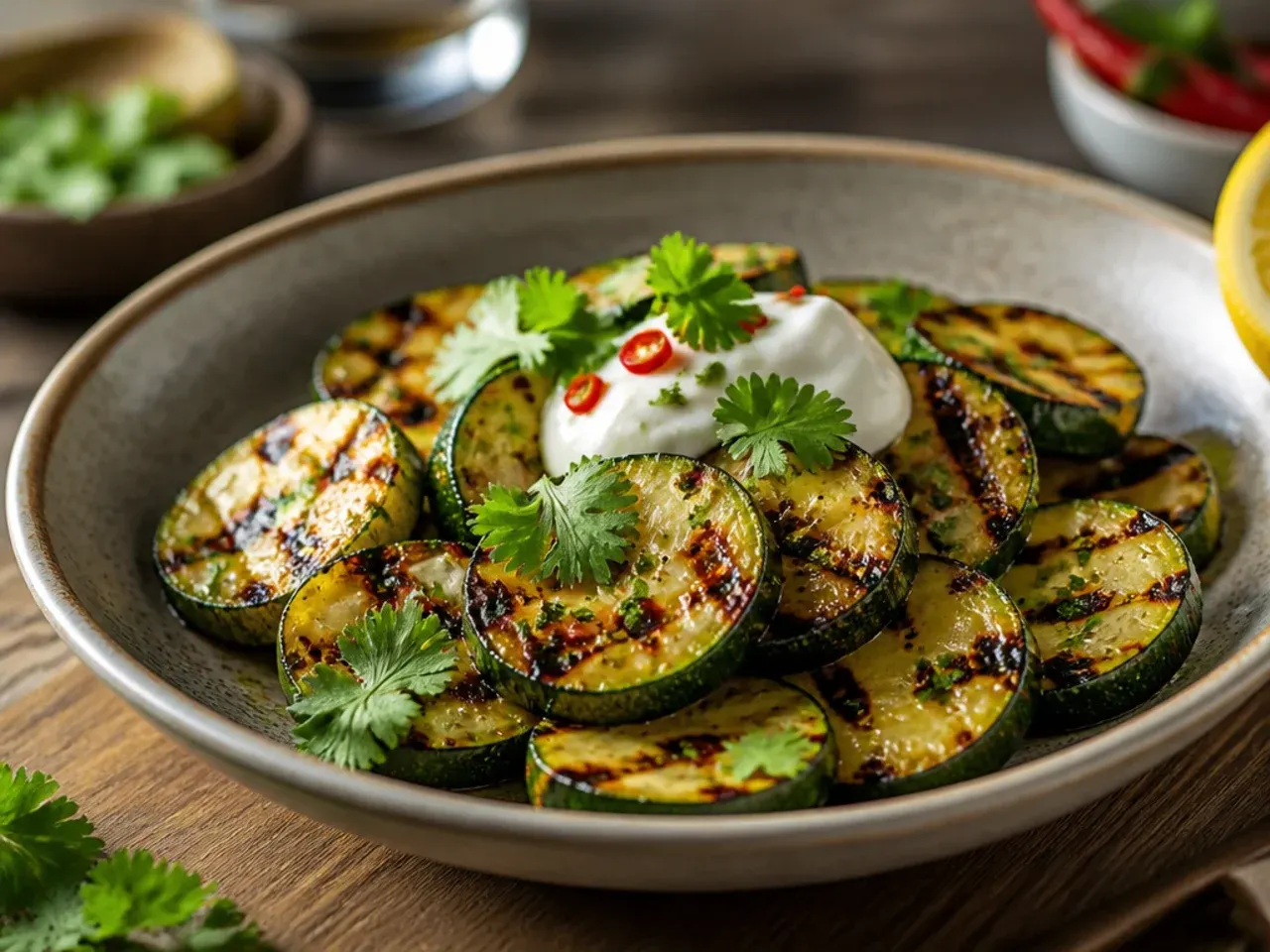 Charred zucchini planks on a grill topped with lemon zest and chilli flakes