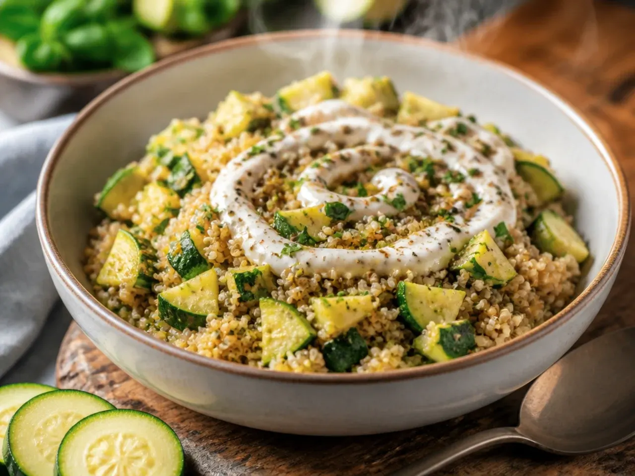 Bowl of quinoa pilaf studded with diced zucchini and toasted almonds