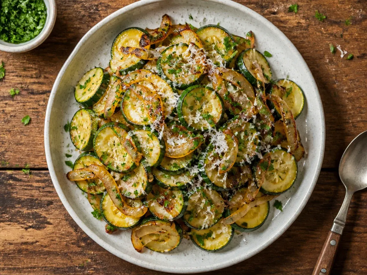 Pan of caramelised zucchini and onions cooking together