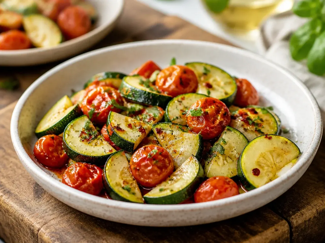 Sheet pan of roasted zucchini and burst cherry tomatoes with fresh basil