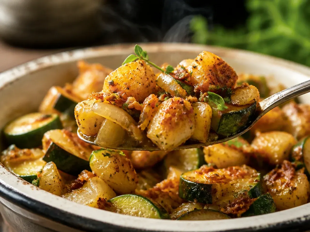 Crispy golden zucchini and potato hash in a cast iron skillet