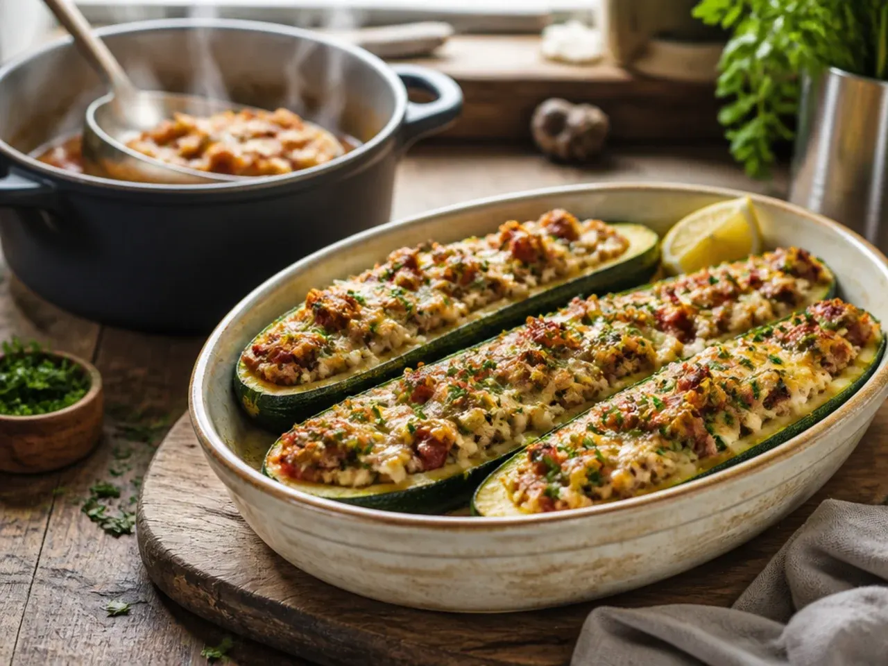 Baked zucchini boats filled with melted cheese and breadcrumbs