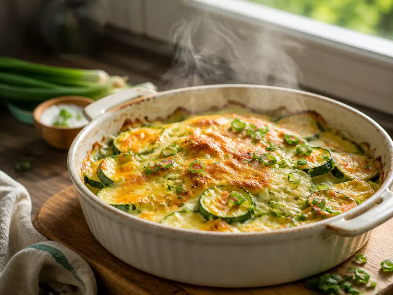 Large baking dish of family-style zucchini casserole with a golden cracker topping