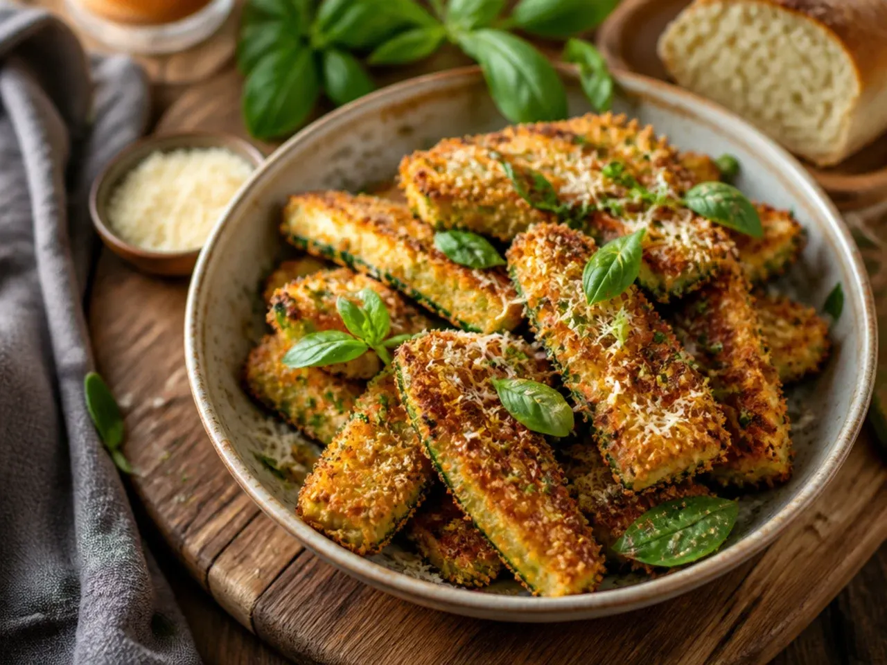 Basket of crispy breaded Parmesan zucchini fries with dipping sauce