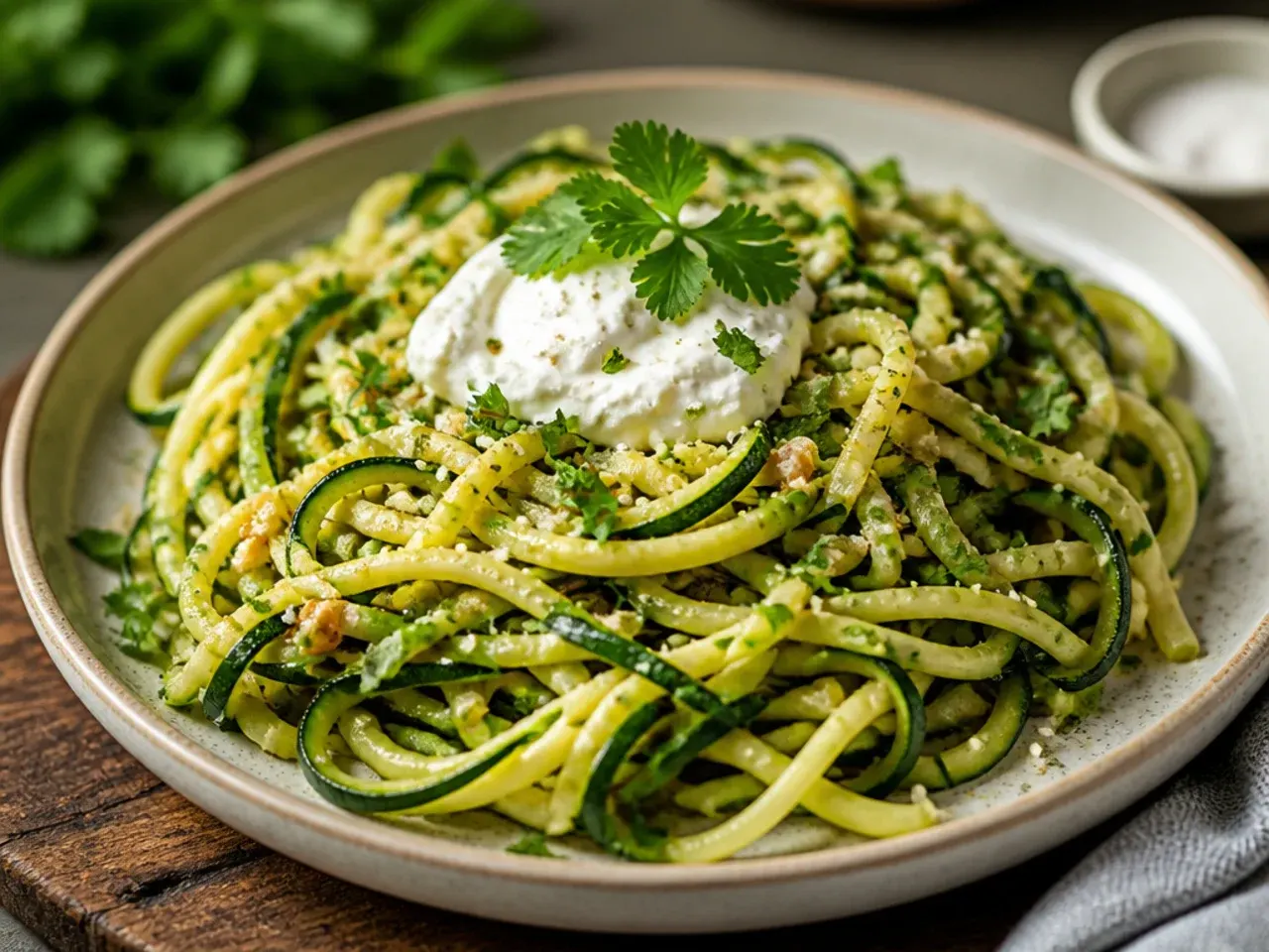 Pan of spiralised zucchini noodles tossed with garlic and olive oil