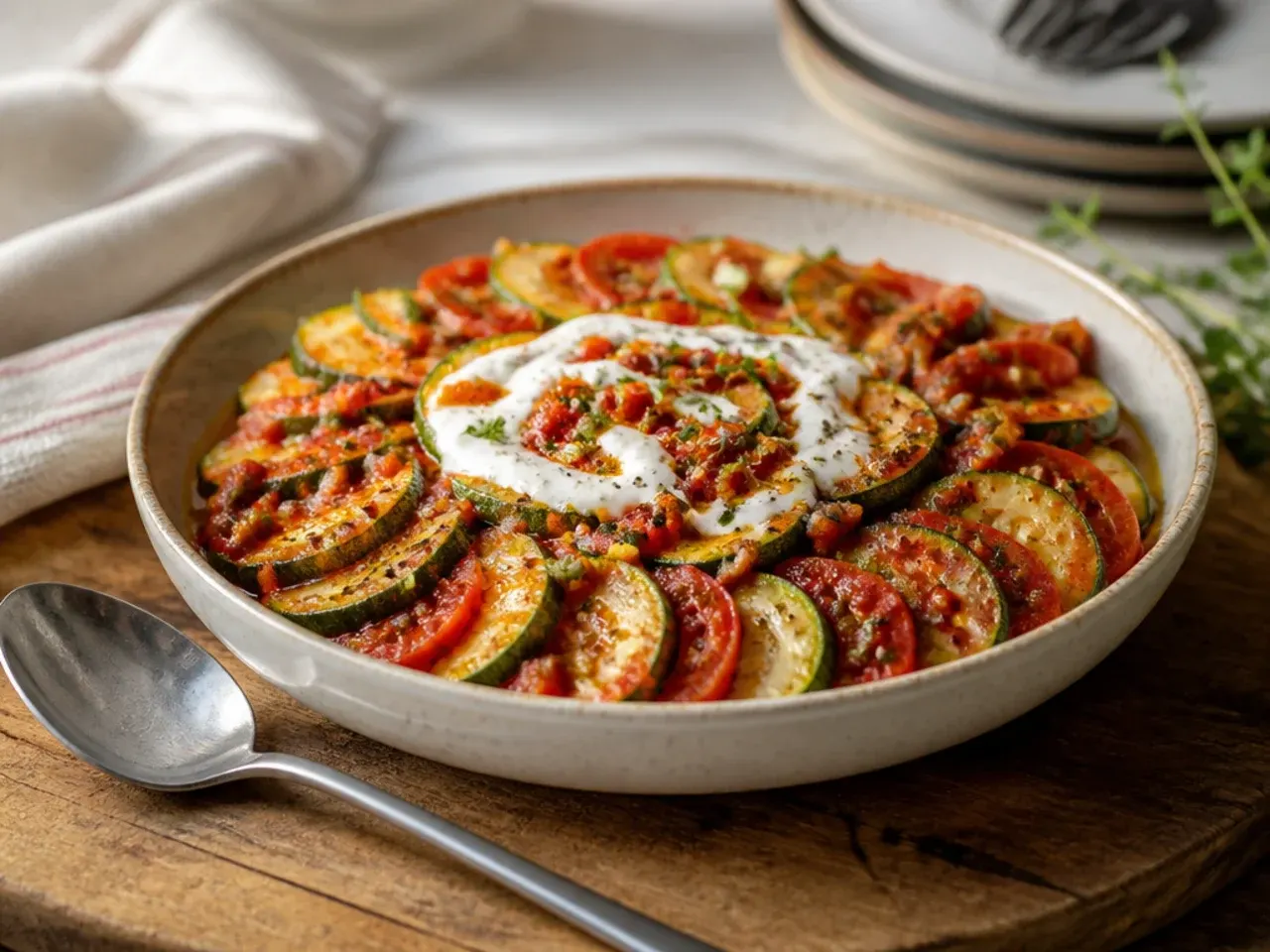 Overlapping slices of baked zucchini and tomato Provençal in a dish