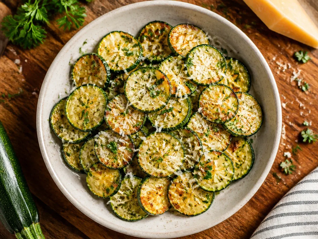 Crispy air-fried zucchini chips in a fryer basket