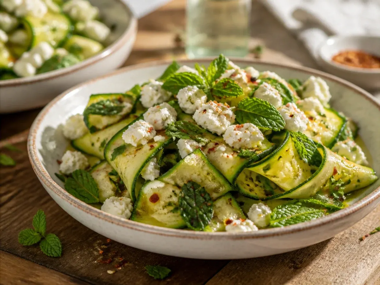 Shaved zucchini salad with crumbled feta and torn mint leaves