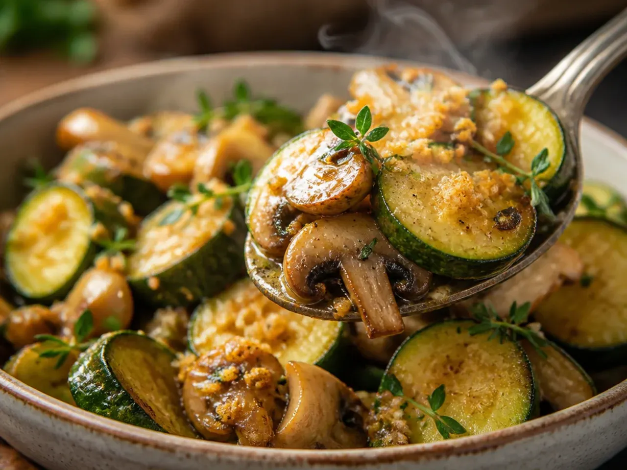 Skillet of zucchini and mushrooms sautéed in garlic butter