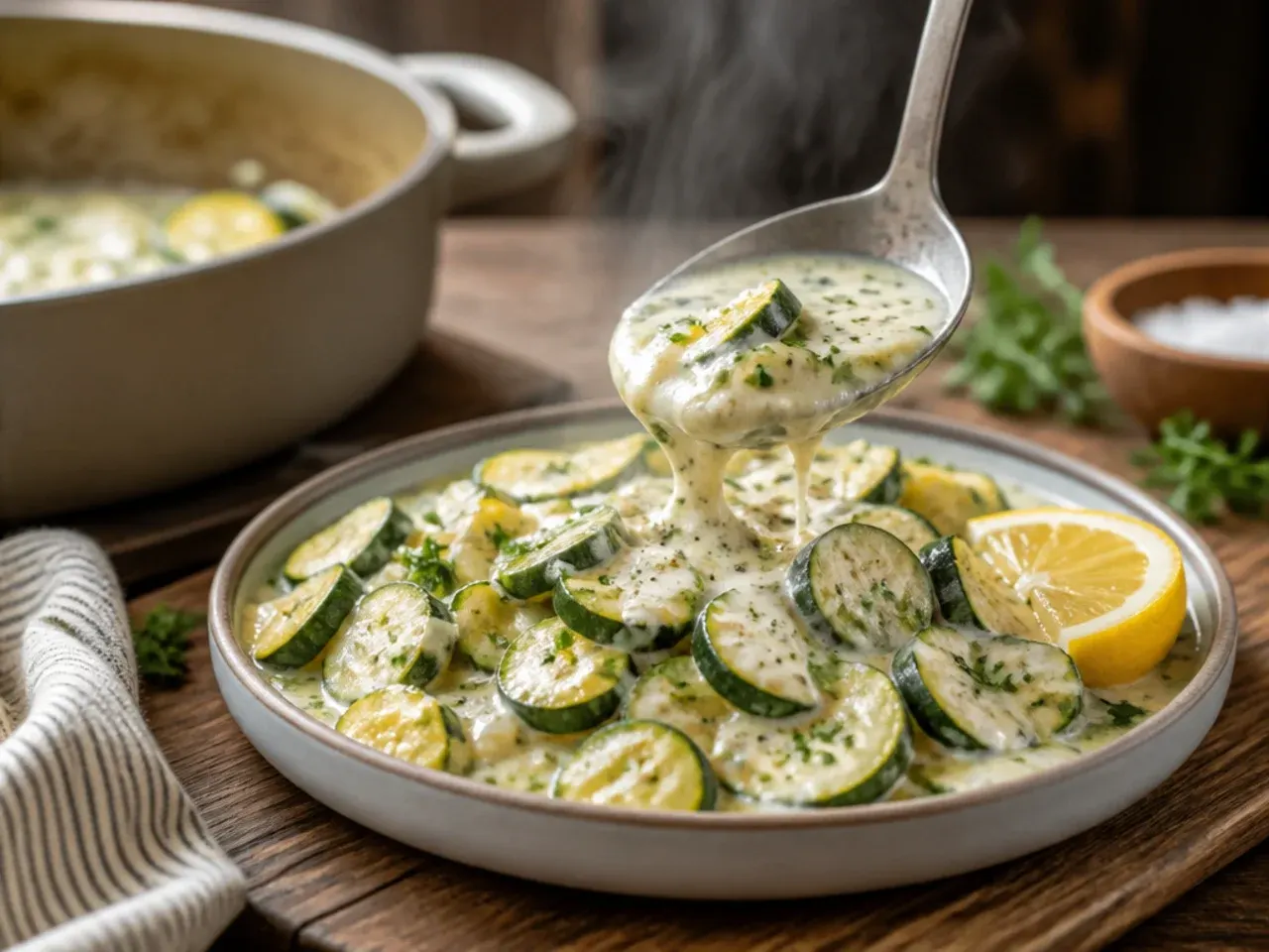 Skillet of zucchini half-moons in a creamy Parmesan Alfredo sauce