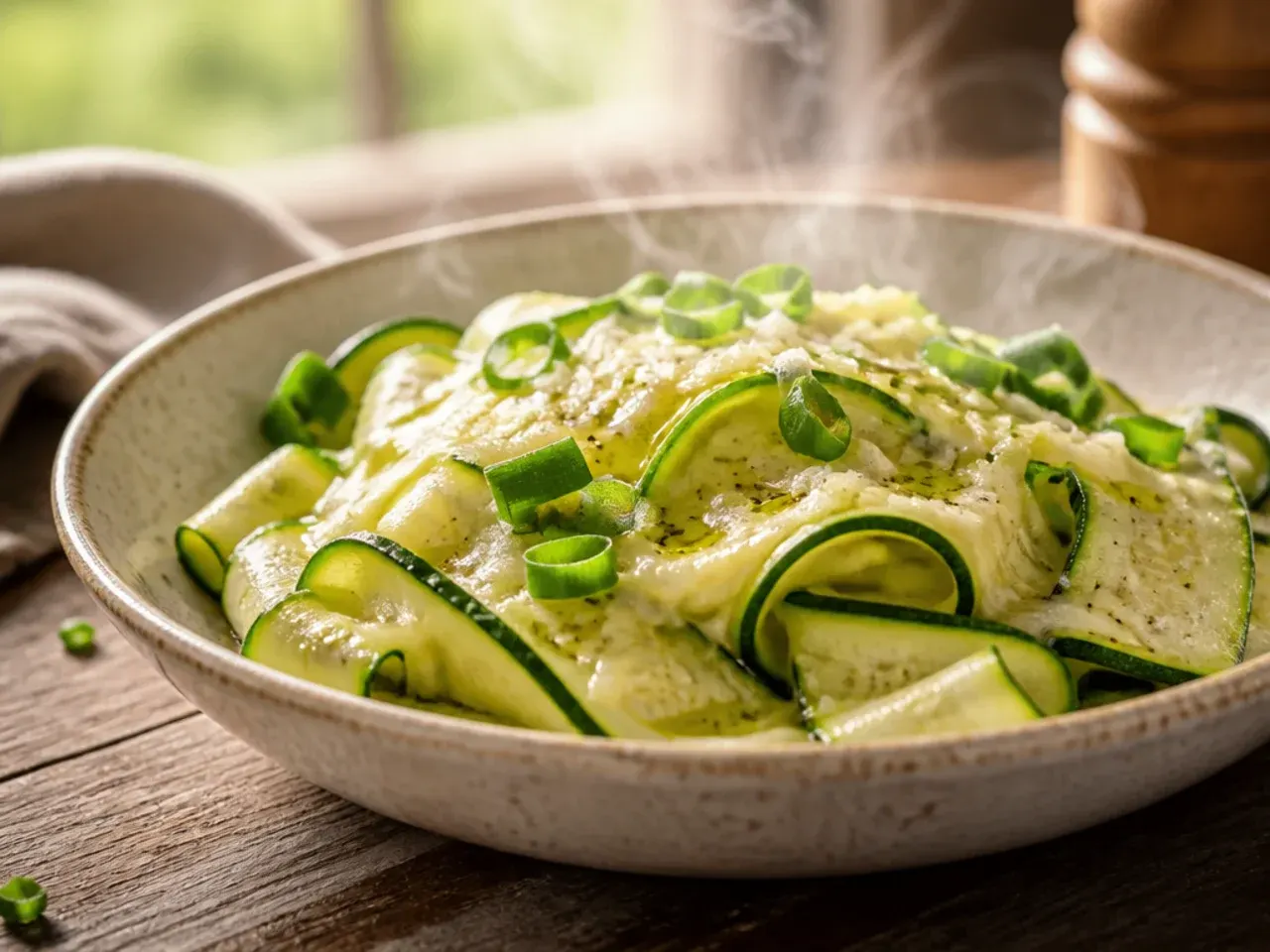 Blanched zucchini ribbons drizzled with olive oil and flaky sea salt