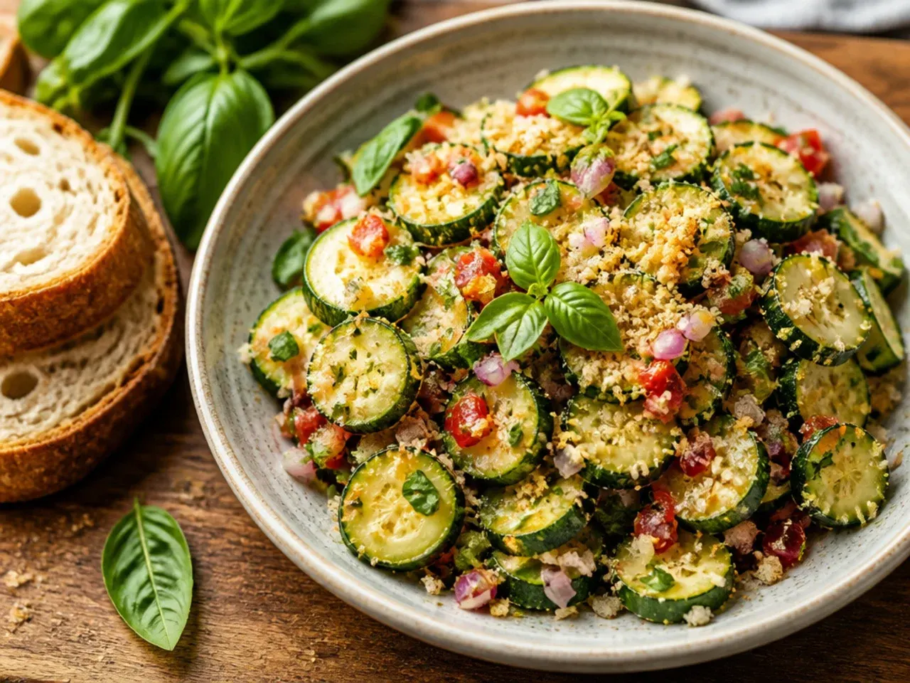 Bowl of fresh zucchini salsa with diced tomato, onion, and coriander