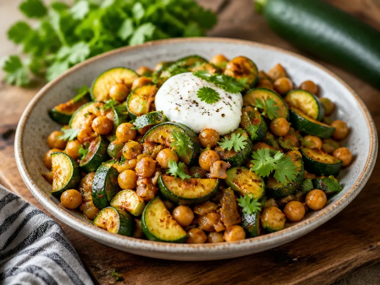 Skillet of sautéed zucchini and golden chickpeas with parsley
