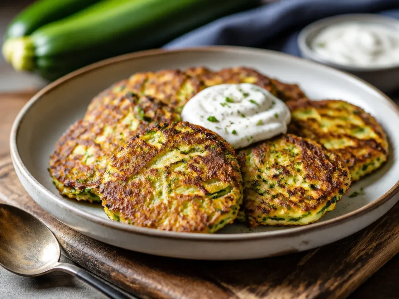 Golden pan-fried zucchini fritters stacked on a plate