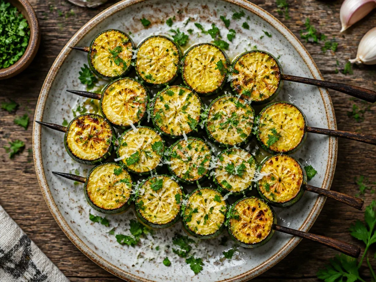 Skewers of grilled zucchini chunks brushed with garlic butter