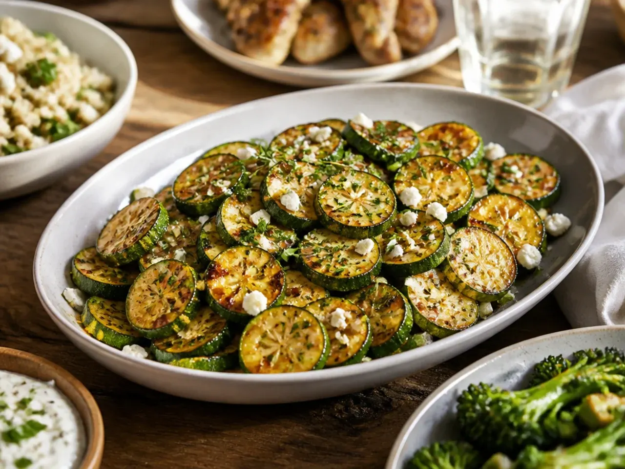 Dinner plate with roasted zucchini served alongside grilled chicken and lemon wedges