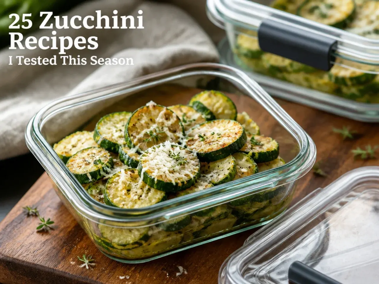 Glass storage container of leftover roasted zucchini in the fridge