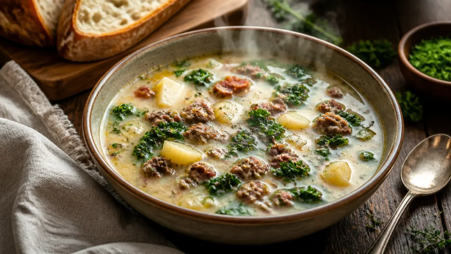 A crockpot filled with creamy zuppa toscana soup showing sliced sausage, diced potatoes and wilted kale in a rich broth