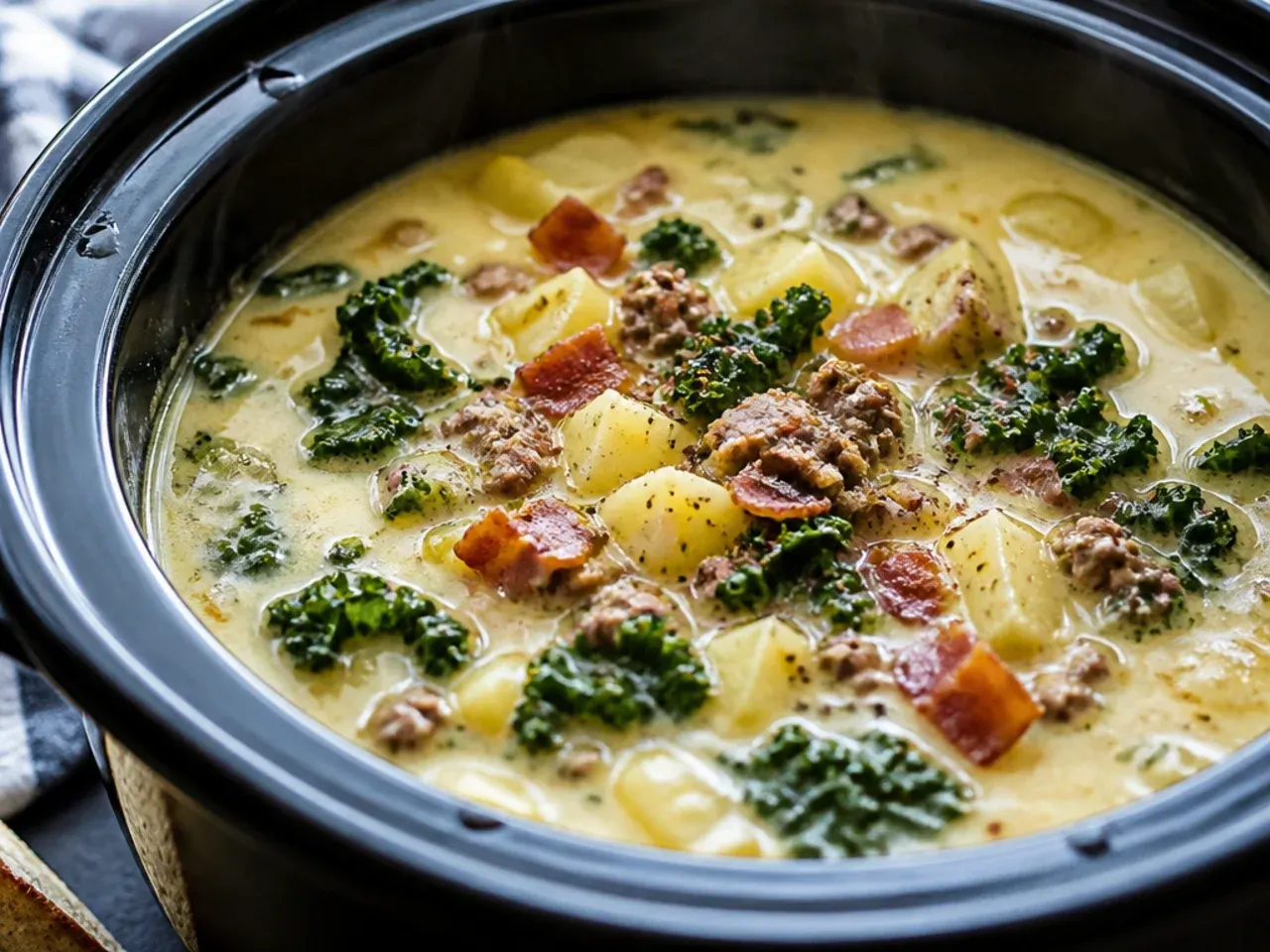 Overhead shot of a rustic kitchen table with a slow cooker of zuppa toscana soup, crusty bread and a small dish of grated Parmesan