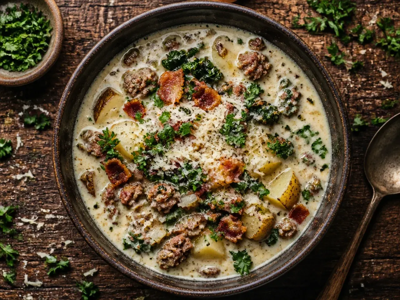 Close-up of classic zuppa toscana soup with visible sausage crumbles, bacon bits and dark green kale in creamy broth