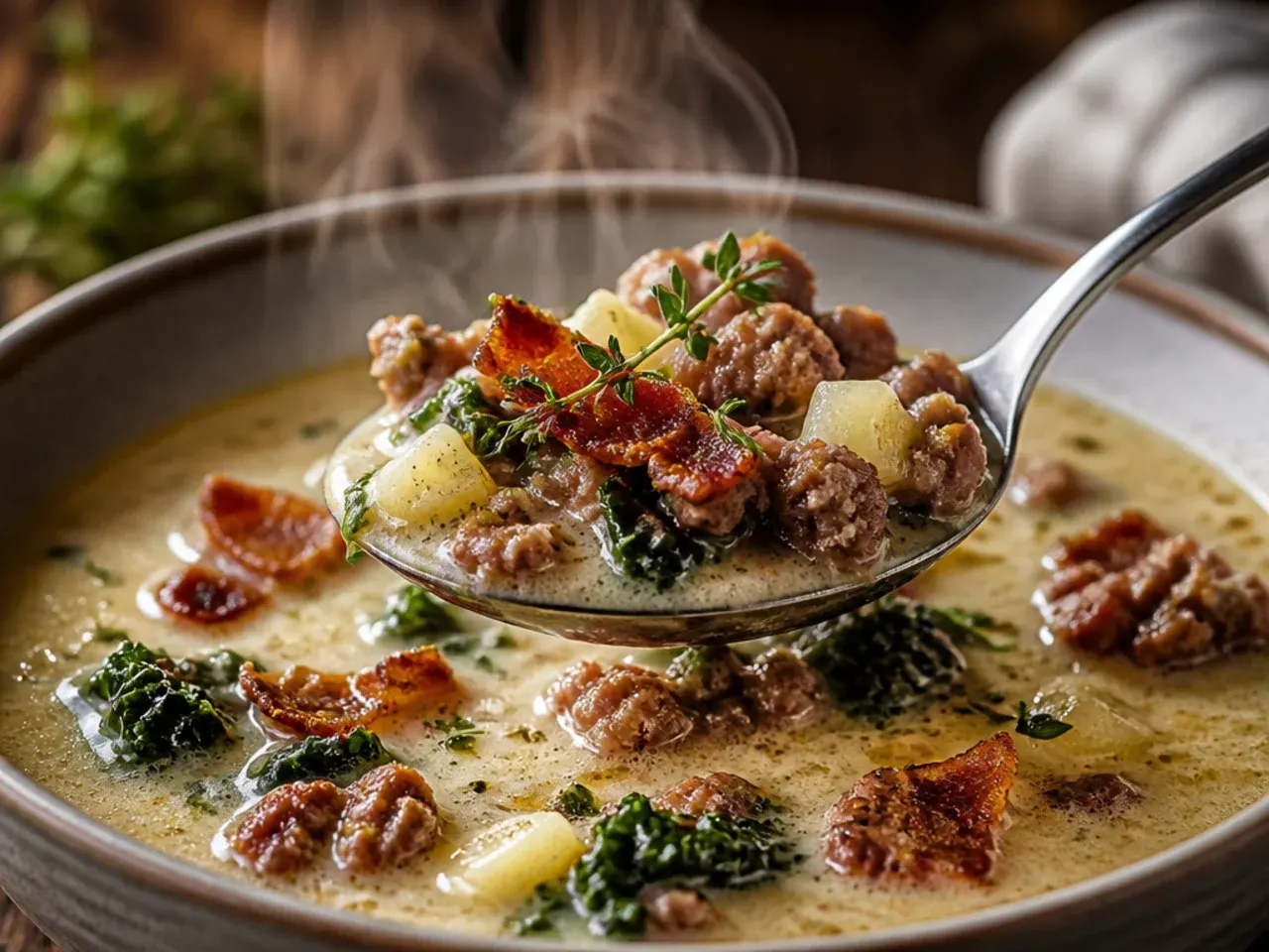 Bowl of hearty zuppa toscana soup with thick sliced kielbasa and crumbled Italian sausage visible on top