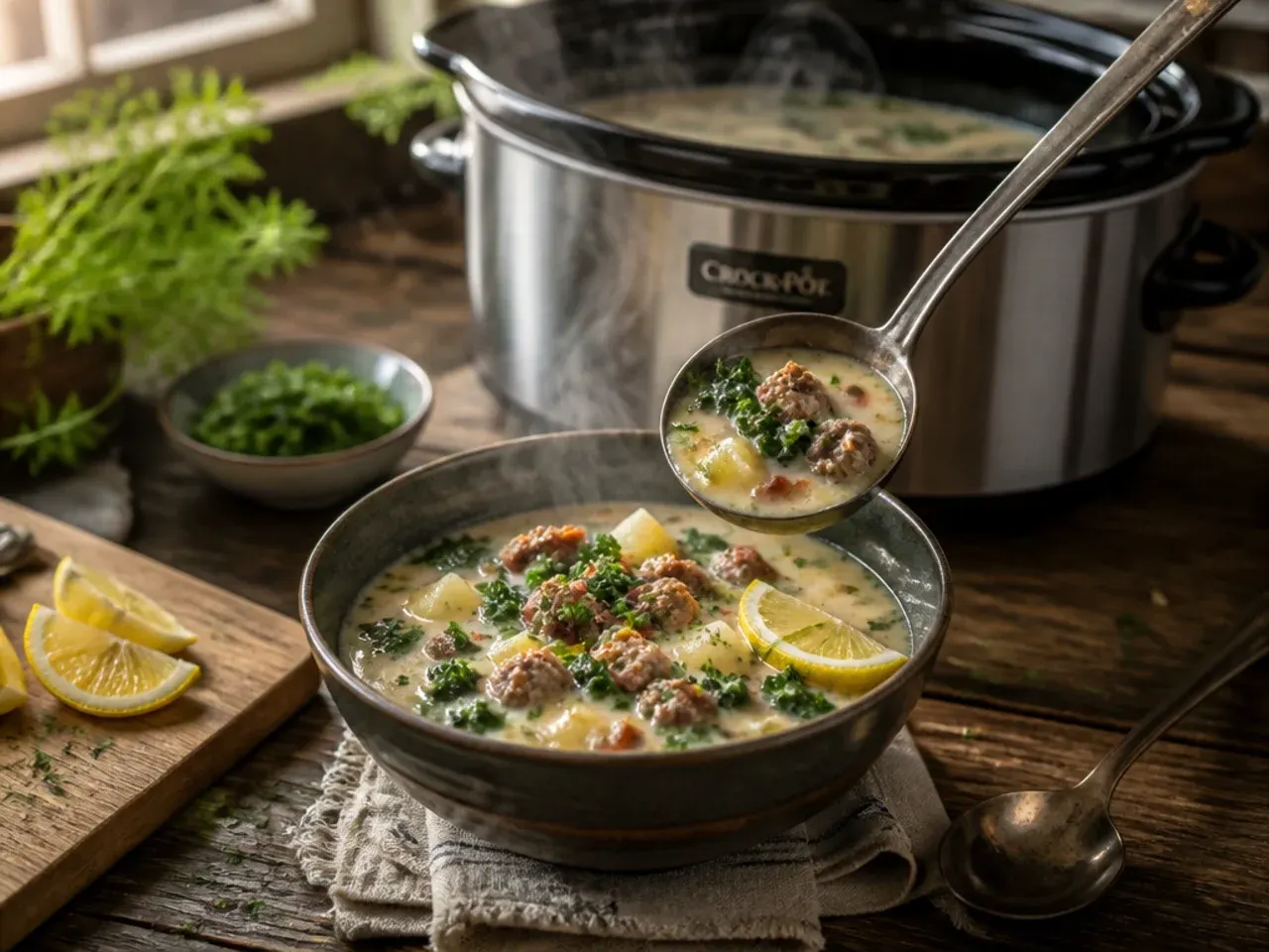 Steaming crockpot of zuppa toscana soup on a kitchen counter on a rainy afternoon with condensation on the lid