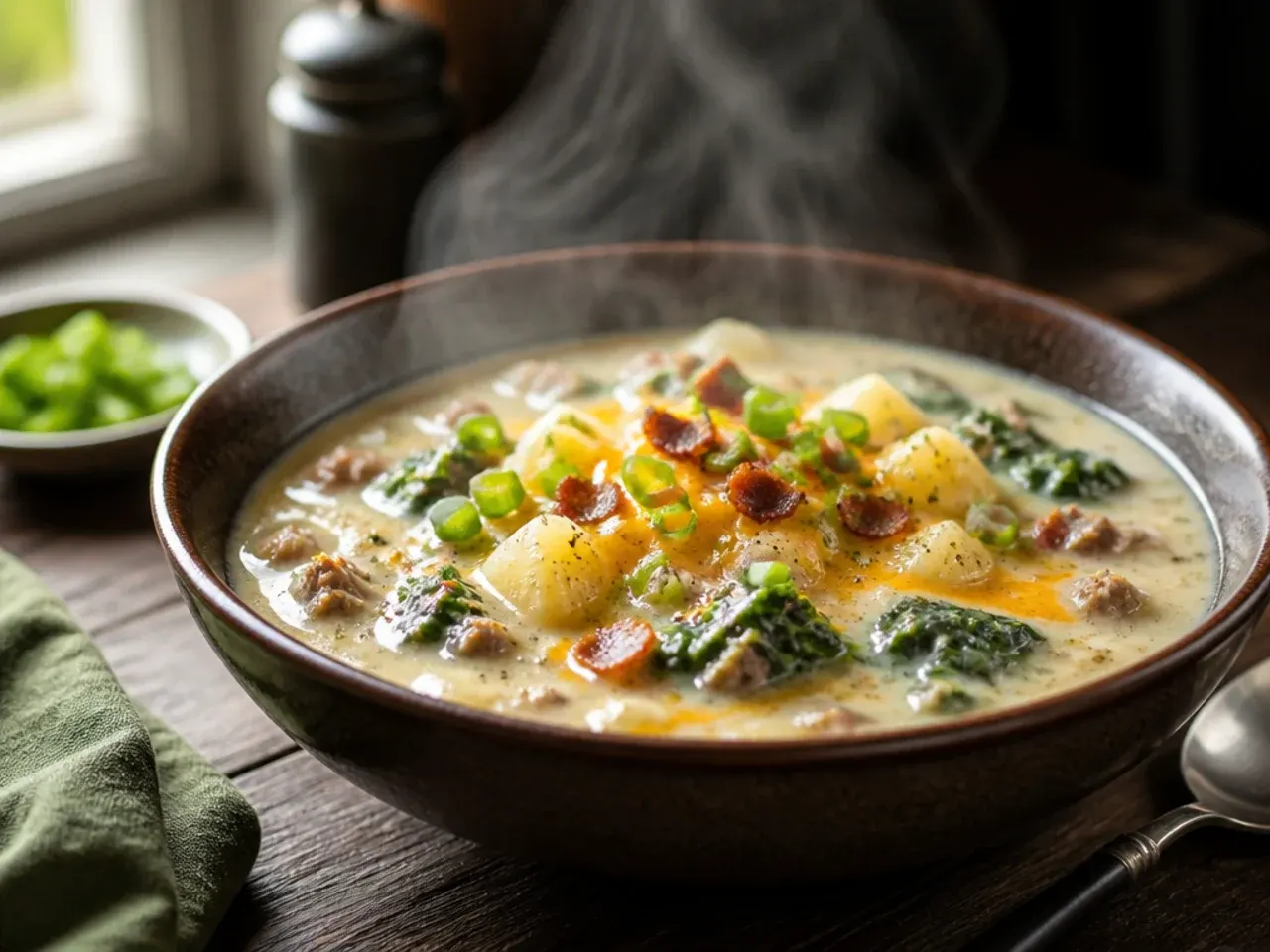 Ladle lifting extra-thick, creamy zuppa toscana soup showing a rich, opaque broth clinging to the spoon