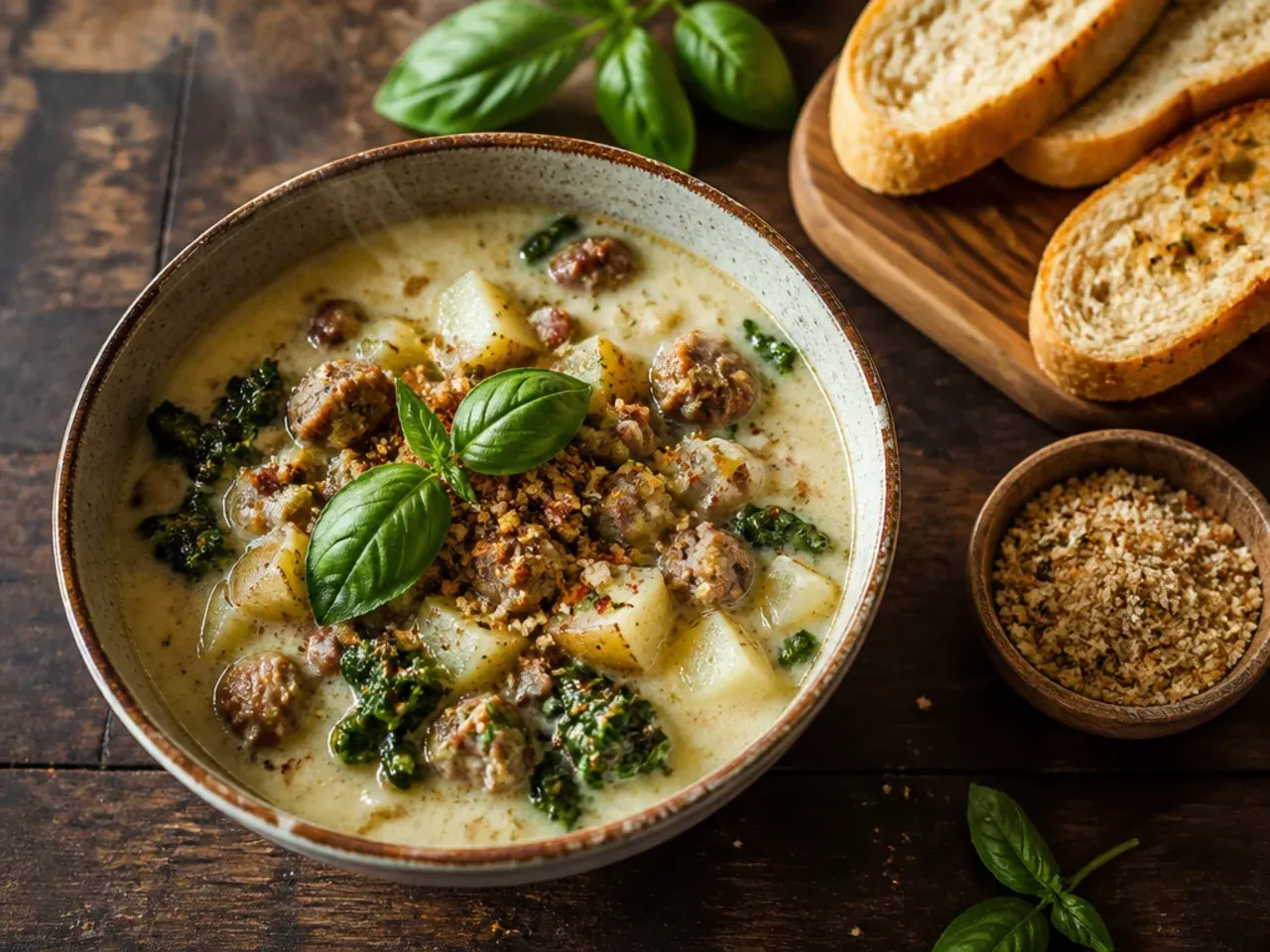 Minimalist flat lay of six ingredients for simple zuppa toscana soup laid out next to a slow cooker