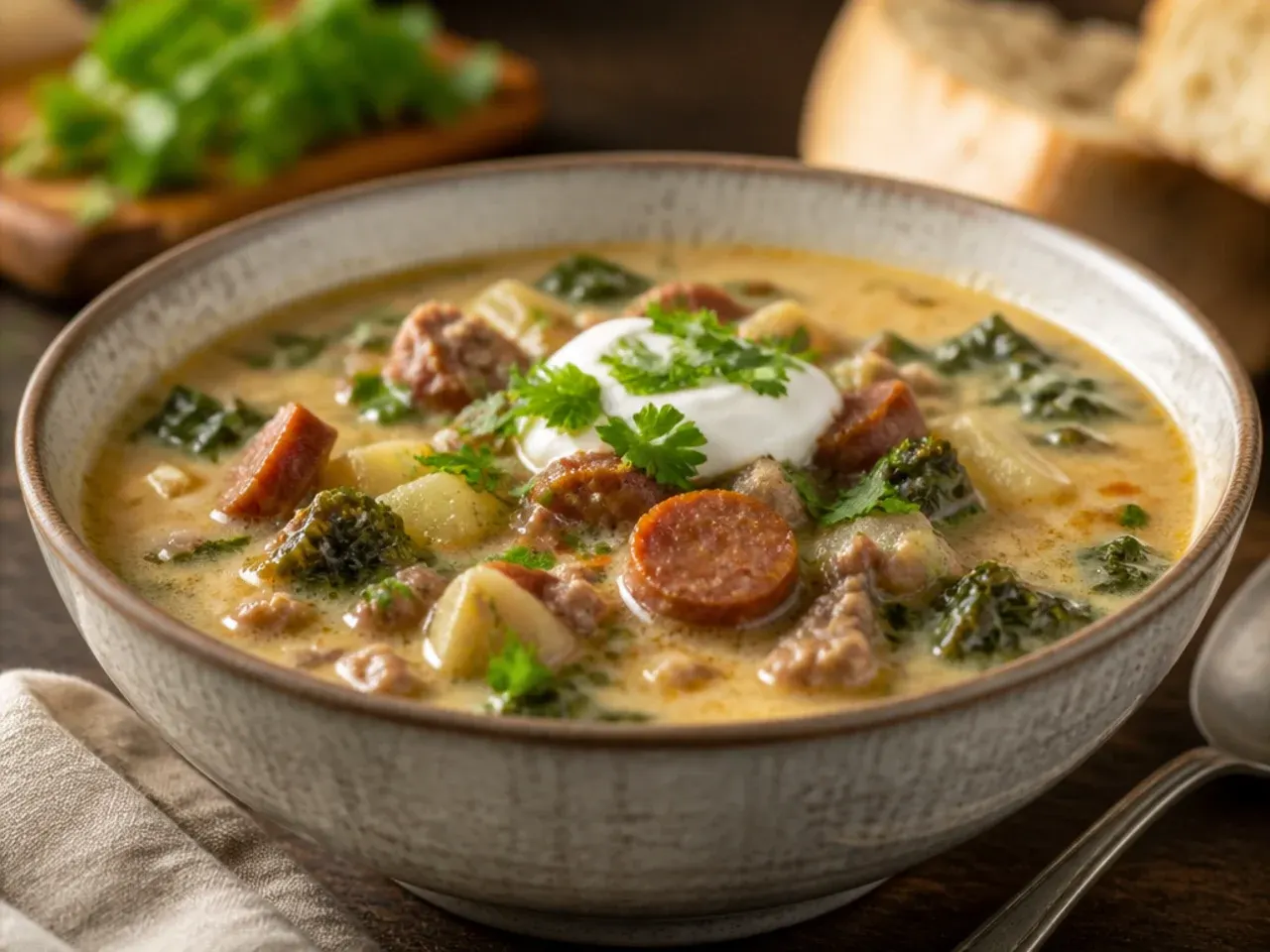 Bowl of zuppa toscana soup topped with shaved Parmesan curls melting into the hot broth