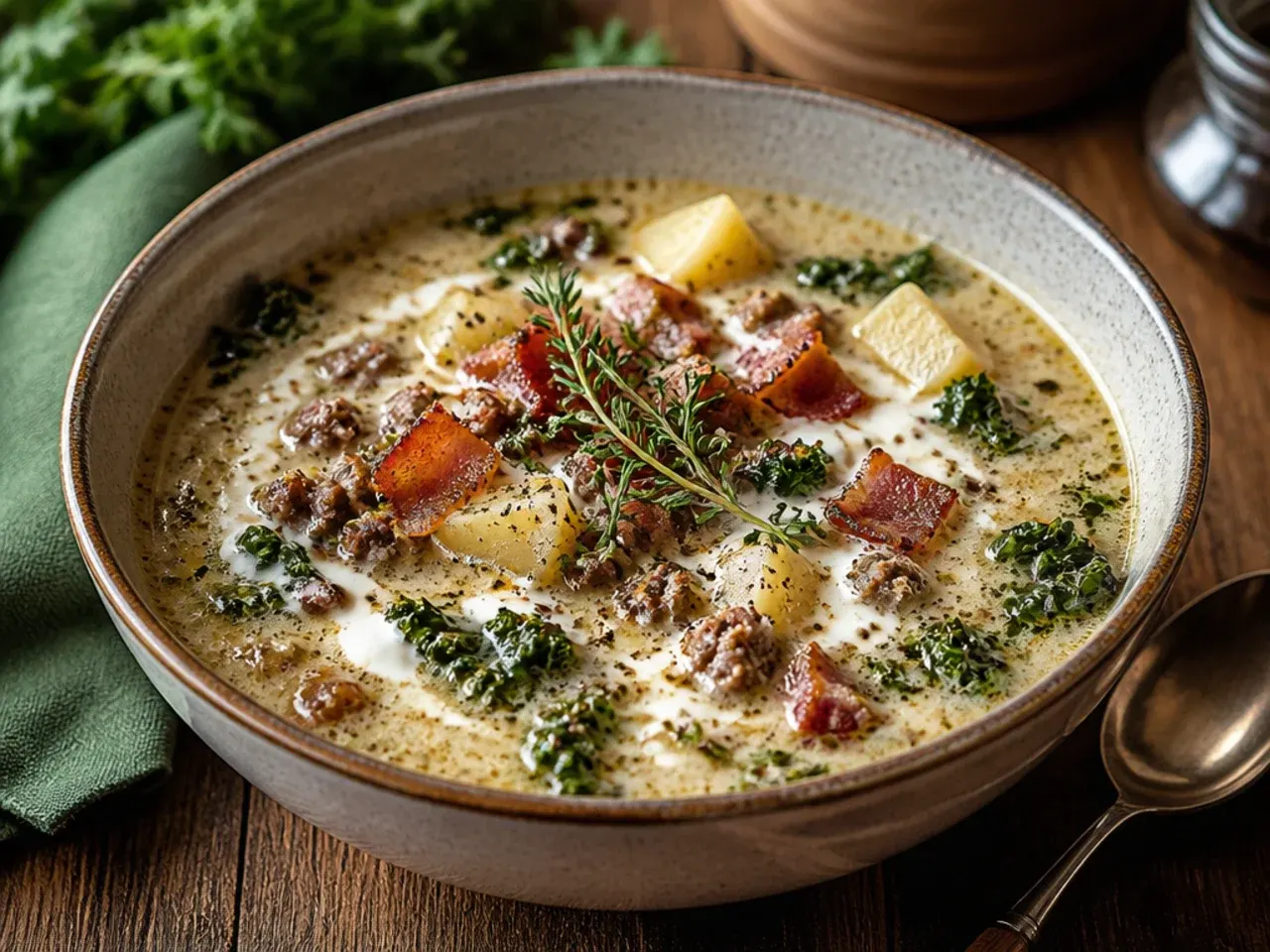 Close-up of zuppa toscana soup garnished with fresh thyme sprigs and crispy bacon pieces