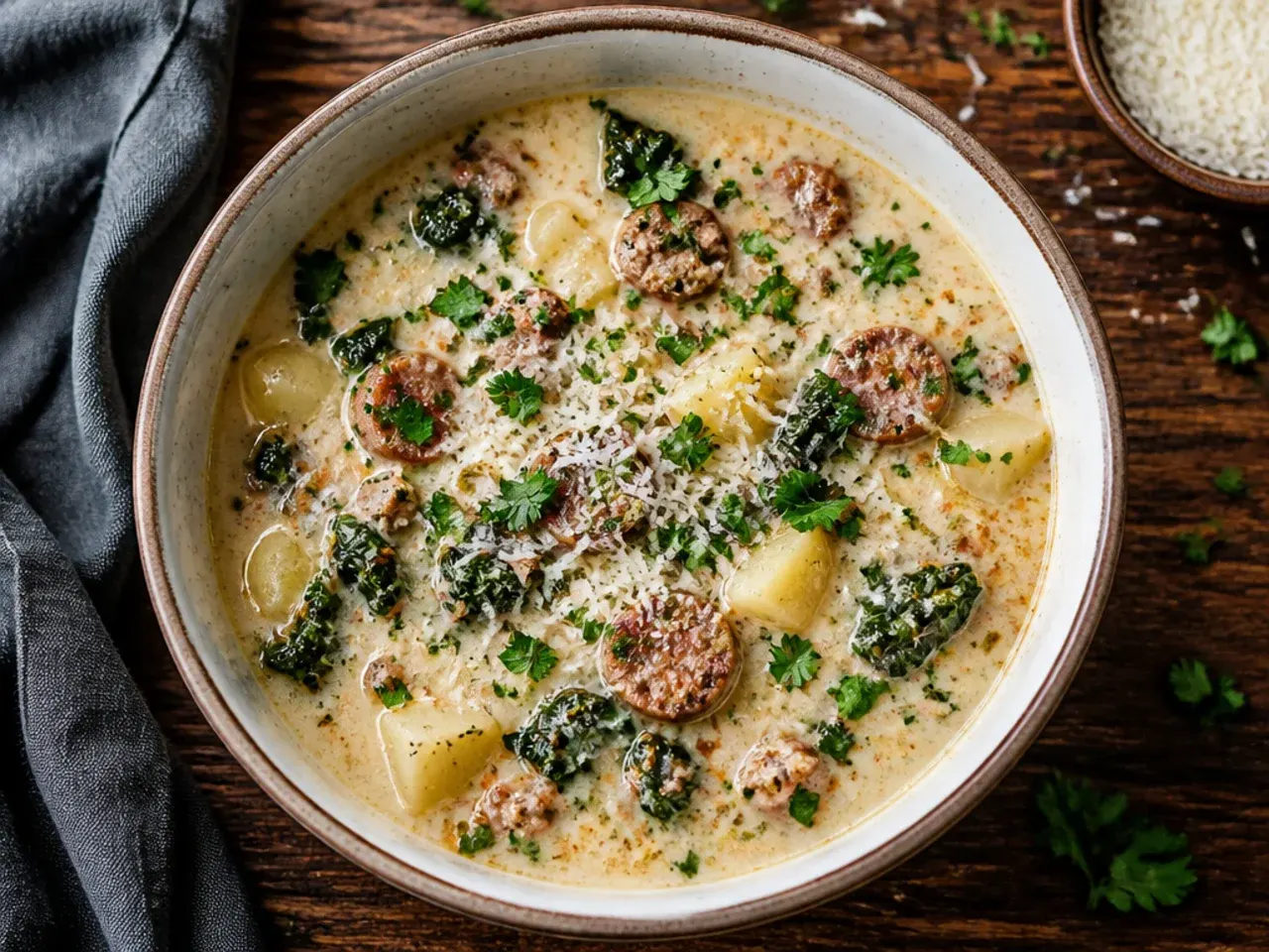 Budget-friendly zuppa toscana soup made with ground meat and simple pantry seasonings in a slow cooker