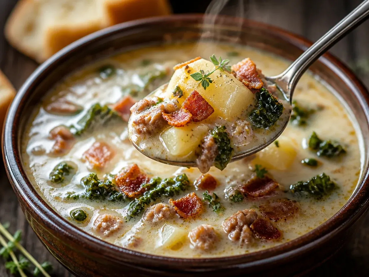 Rustic wooden table set with a slow cooker of zuppa toscana soup, skin-on potato chunks visible in the bowl