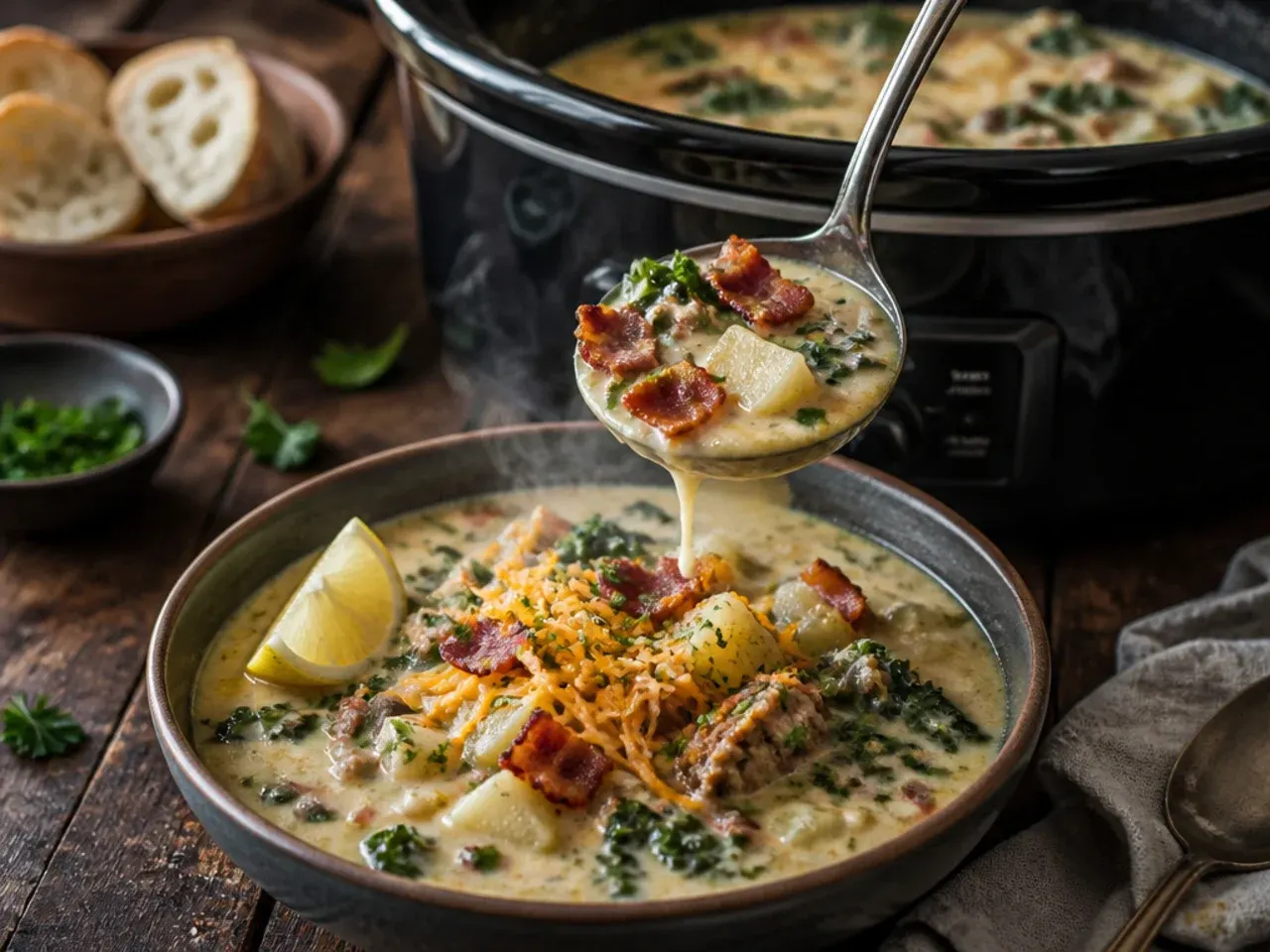 Loaded zuppa toscana soup topped with melted cheddar, bacon bits and a dollop of sour cream