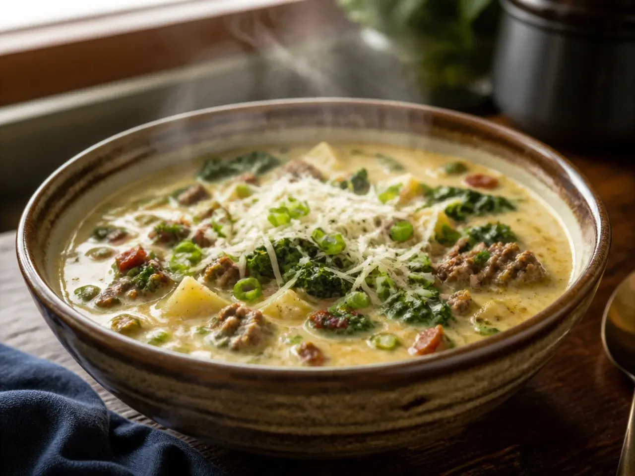 Large family-size slow cooker filled to the brim with zuppa toscana soup, ladle resting on the side
