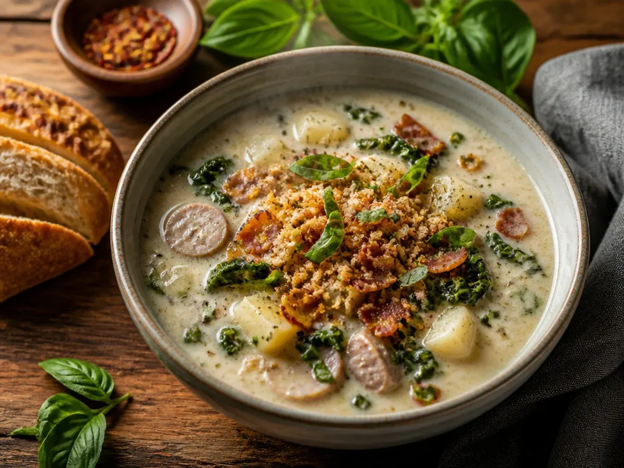 Bowl of Olive Garden style zuppa toscana soup with breadstick on the side, closely resembling the restaurant version