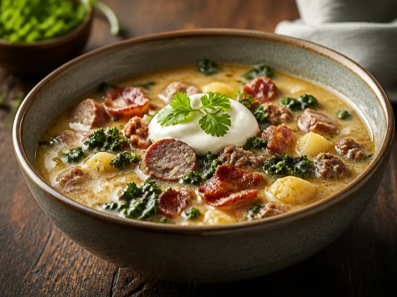Sausage and bacon browning in a flameproof crockpot insert directly on a stovetop burner