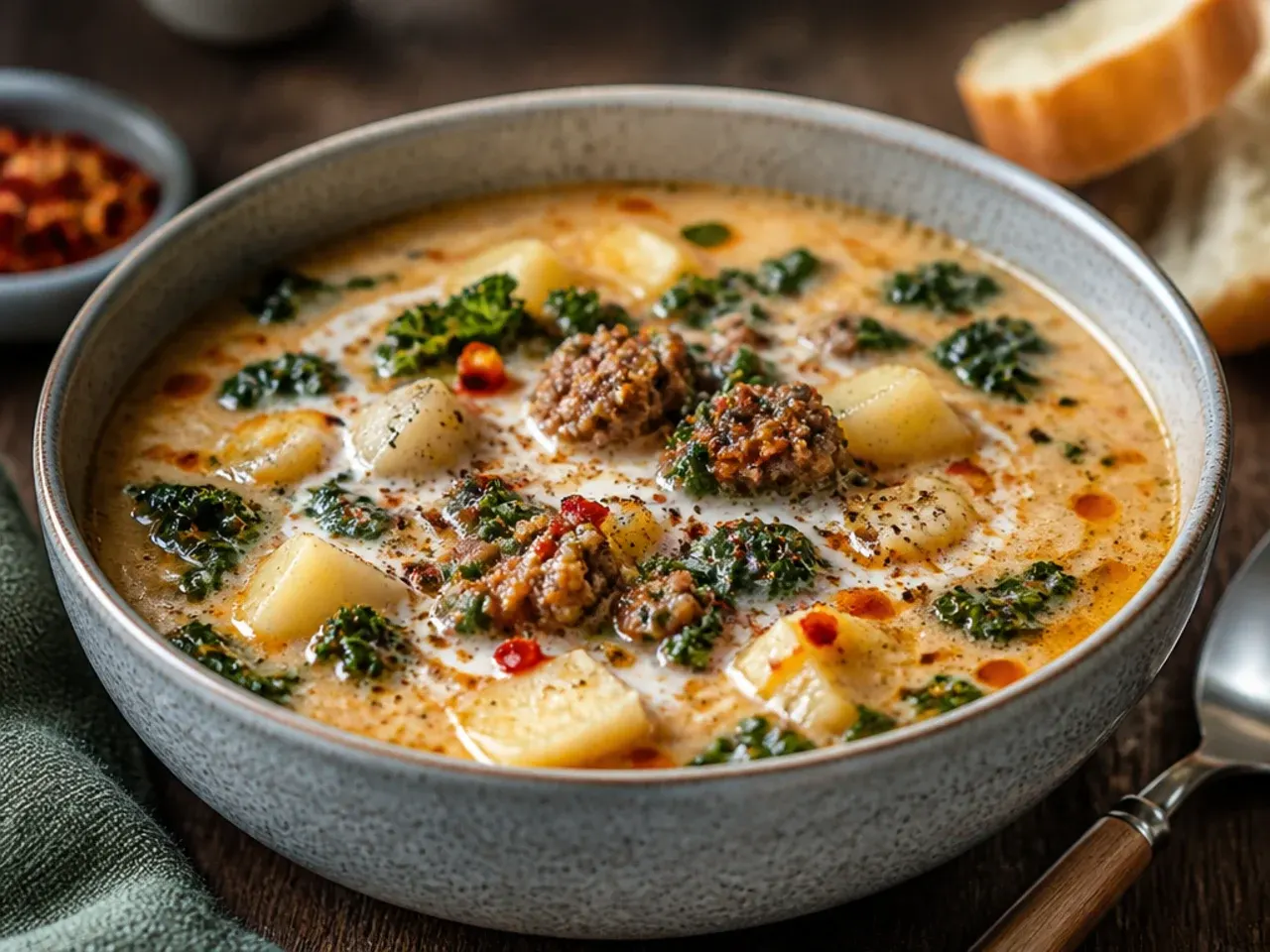 Spicy zuppa toscana soup with visible red Calabrian chilli flecks throughout the creamy broth