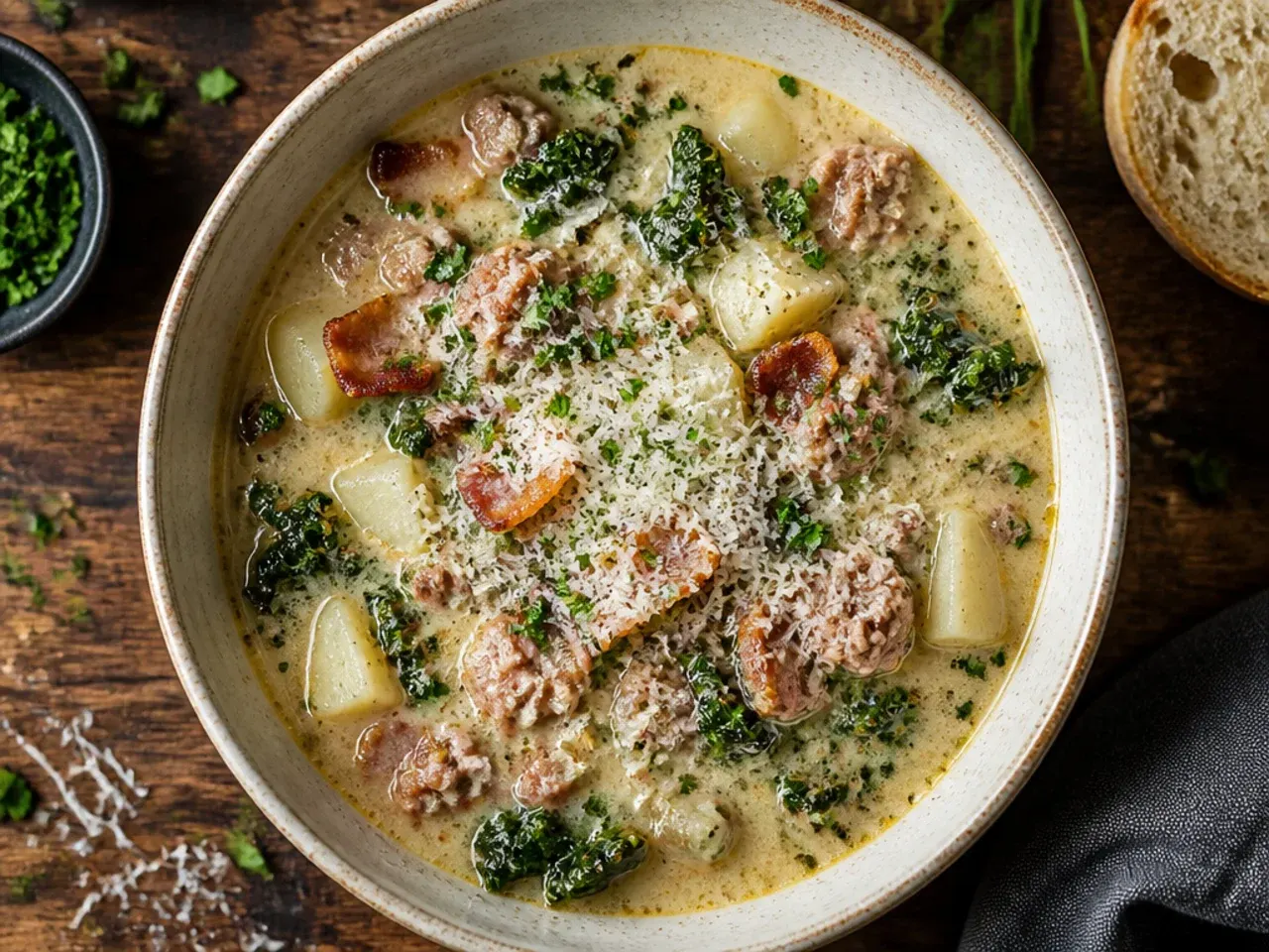 Lighter zuppa toscana soup made with turkey sausage, showing a slightly thinner golden broth