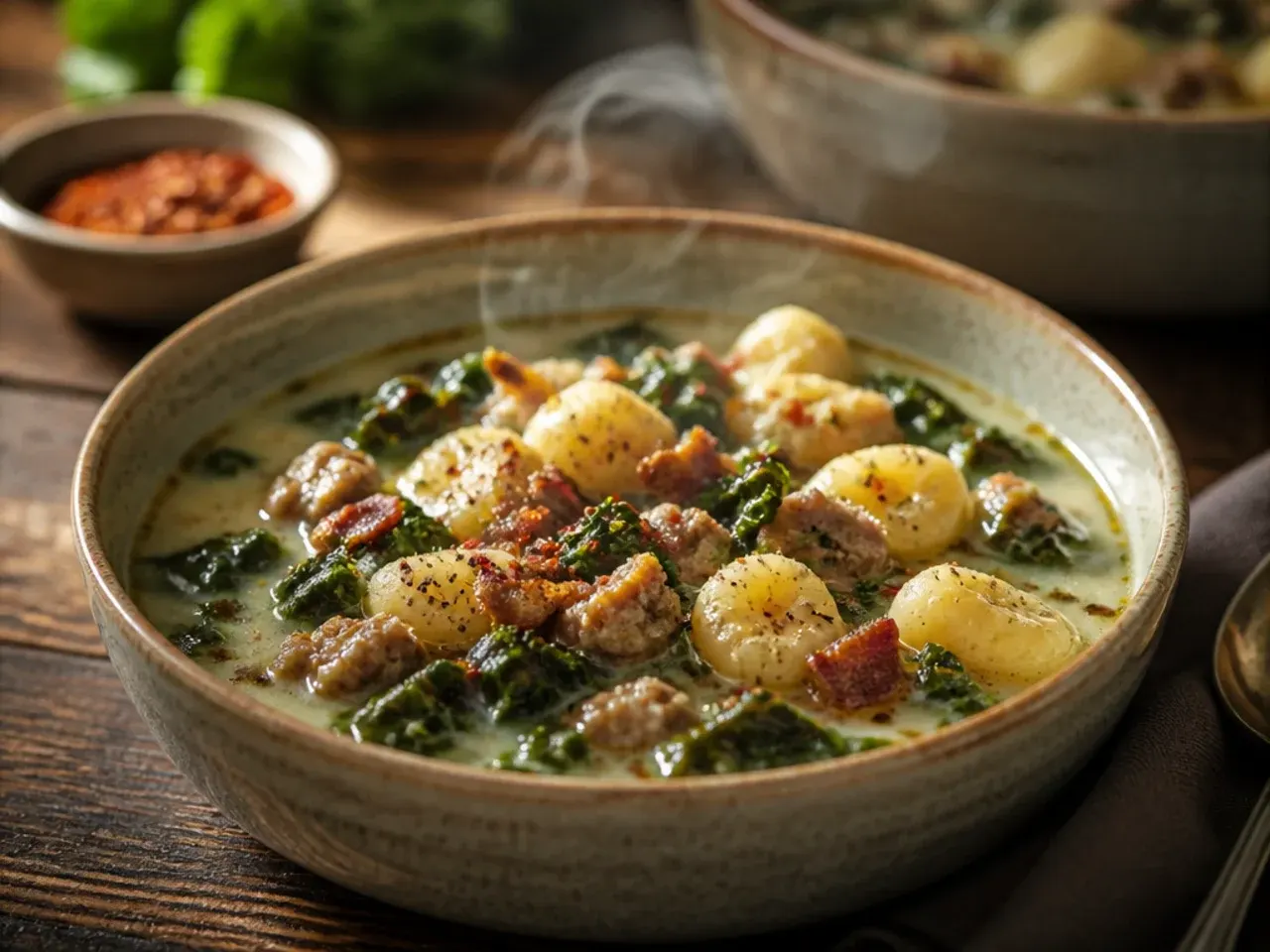 Zuppa toscana soup with pillowy potato gnocchi floating in the creamy broth alongside sausage and kale