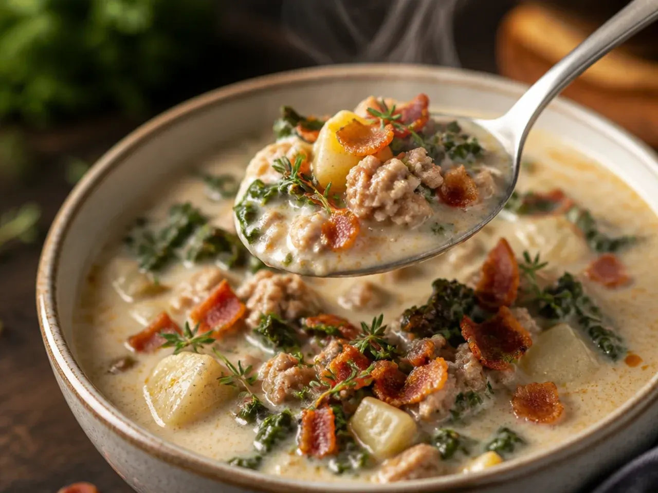 Dairy-free zuppa toscana soup made with coconut milk, showing a pale creamy broth in a rustic bowl